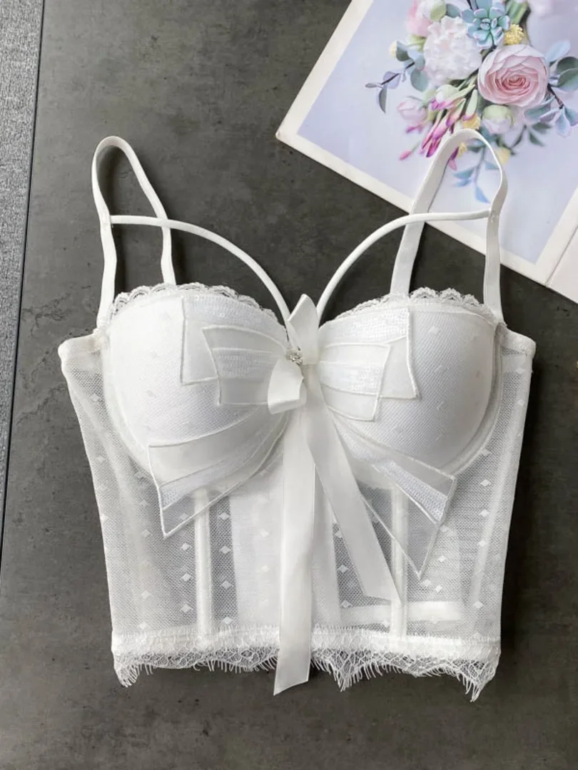 Women Bustier Corset Bowknot Ribbon Push Up Bralet Bra White Black Adjustable Strap Dot Mesh See Through Sexy Summer Crop Tops