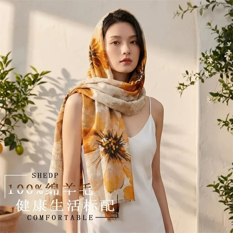 Women 100% Wool Scarf 200x100cm Large Floral Print Shawl Wrap Lightweight Neck Shoulder Cover Elegant Casual Fashion Accessory