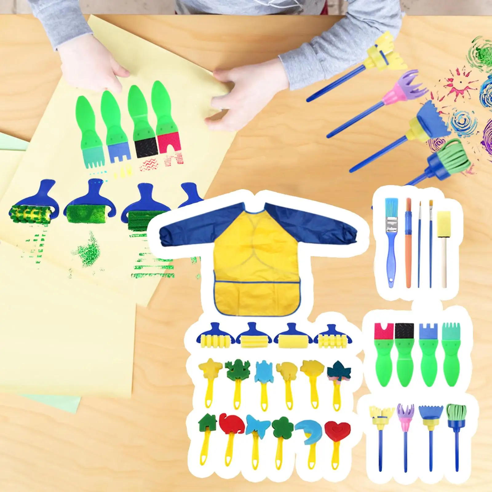 Kids Painting Sponge Brushes Set Kids Paint Sponges Craft Paint Brushes Kit with Waterproof Apron for Girls Drawing Children