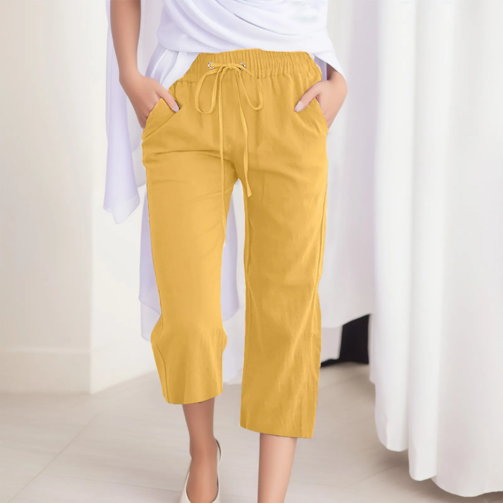 

Beach Harem Pants For Women Solid Color Breathable Cotton Linen Cropped Trousers Summer High Waist Drawstring Pocket Shorts 2024