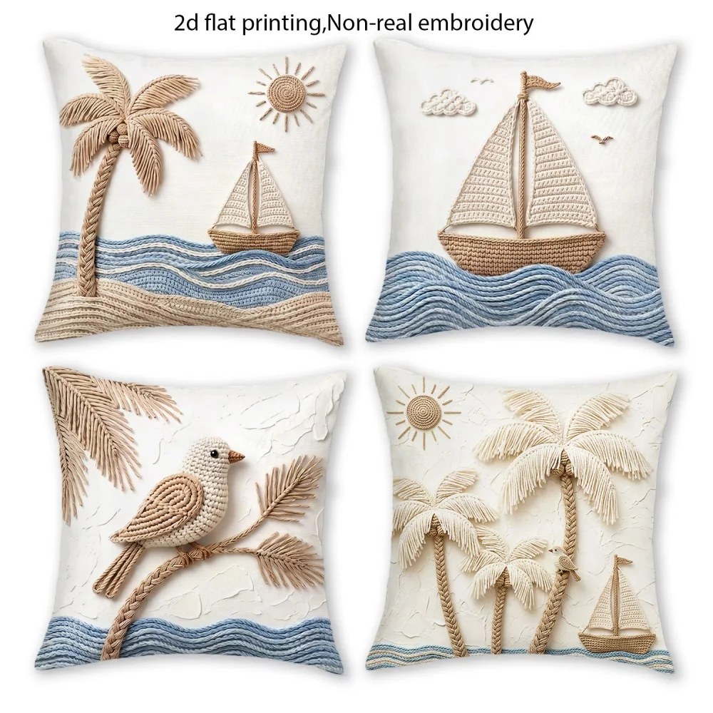 4 Pack Tropical Beach Seascape Printed Throw Pillow Covers Ocean Palm Print Coastal Summer Home Decor Cushions