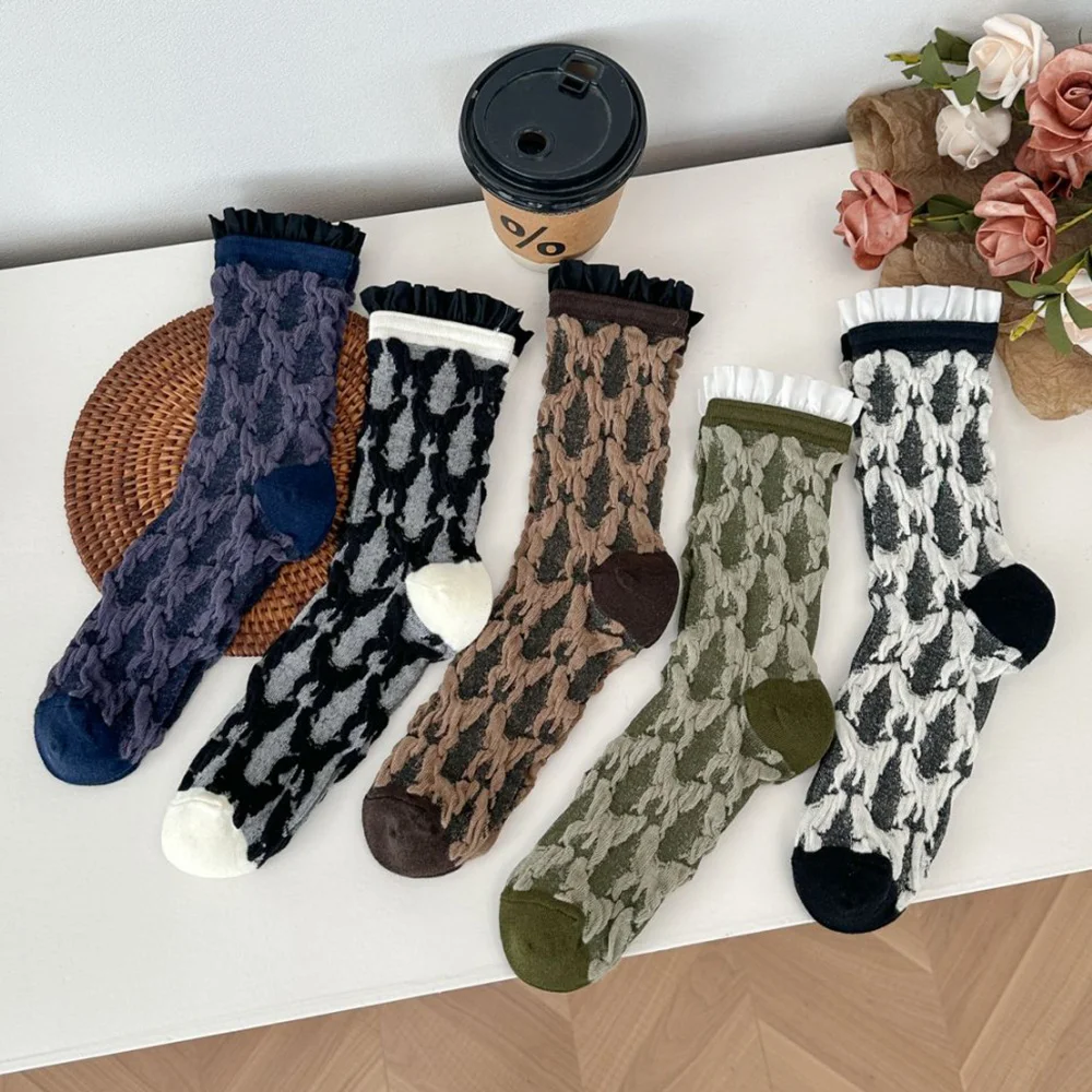 5 Pair Fashion Style Women's Socks Personalized Splicing Lace Edge Middle Tube Socks  Autumn Winter Animal Print Cute Woman Sock