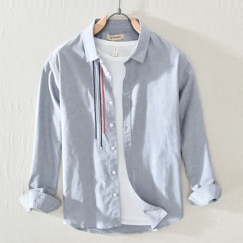 Men Clothing 2022 Japanese Trend Fresh White Long-sleeved Shirt Men\'s Casual Youth Color Matching Literary Loose Cotton Shirt