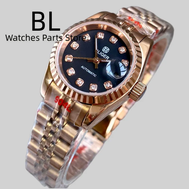 BLIGER 26mm NH05 Mechanical Lady's Watch Silver Rose Gold Strap Fluted Bezel Sapphire Glass Black Dial Diamond Index Waterproof