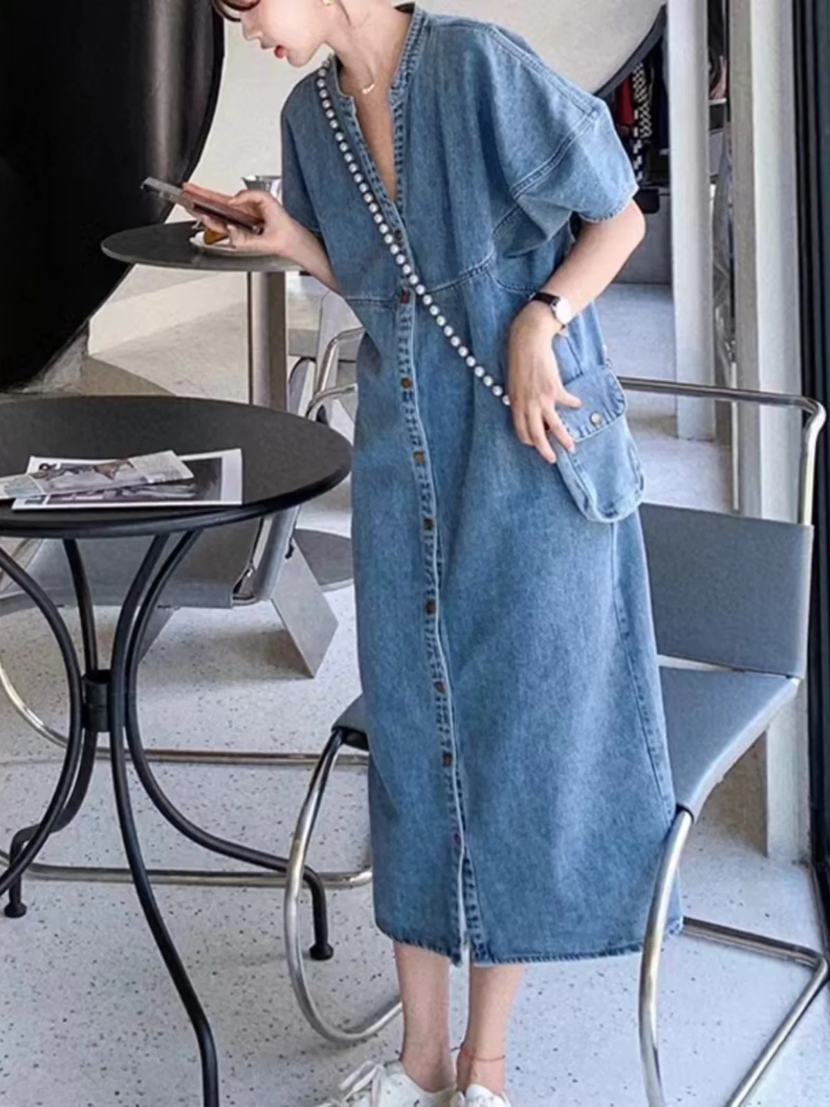 Retro Waed Denim Dr Stehkragen Casual Frühling Herbst Vintage Hohe Taille Baumwolle Polyester Mischung ort Sve V-ne