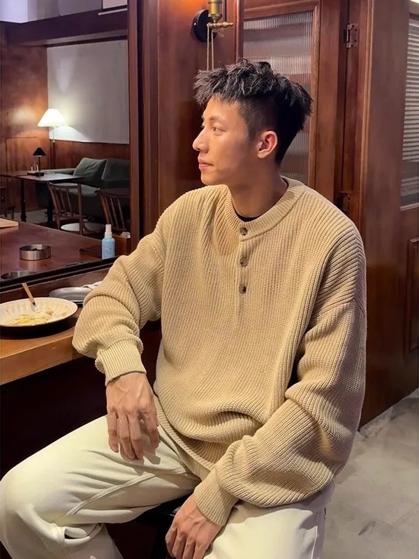 

Хаки, свитер с воротником Генри, мужской свитер, осень-зима, Cleanfit, премиум-класса, ленивый внутренний вязаный, износостойкий, теплый, дышащий