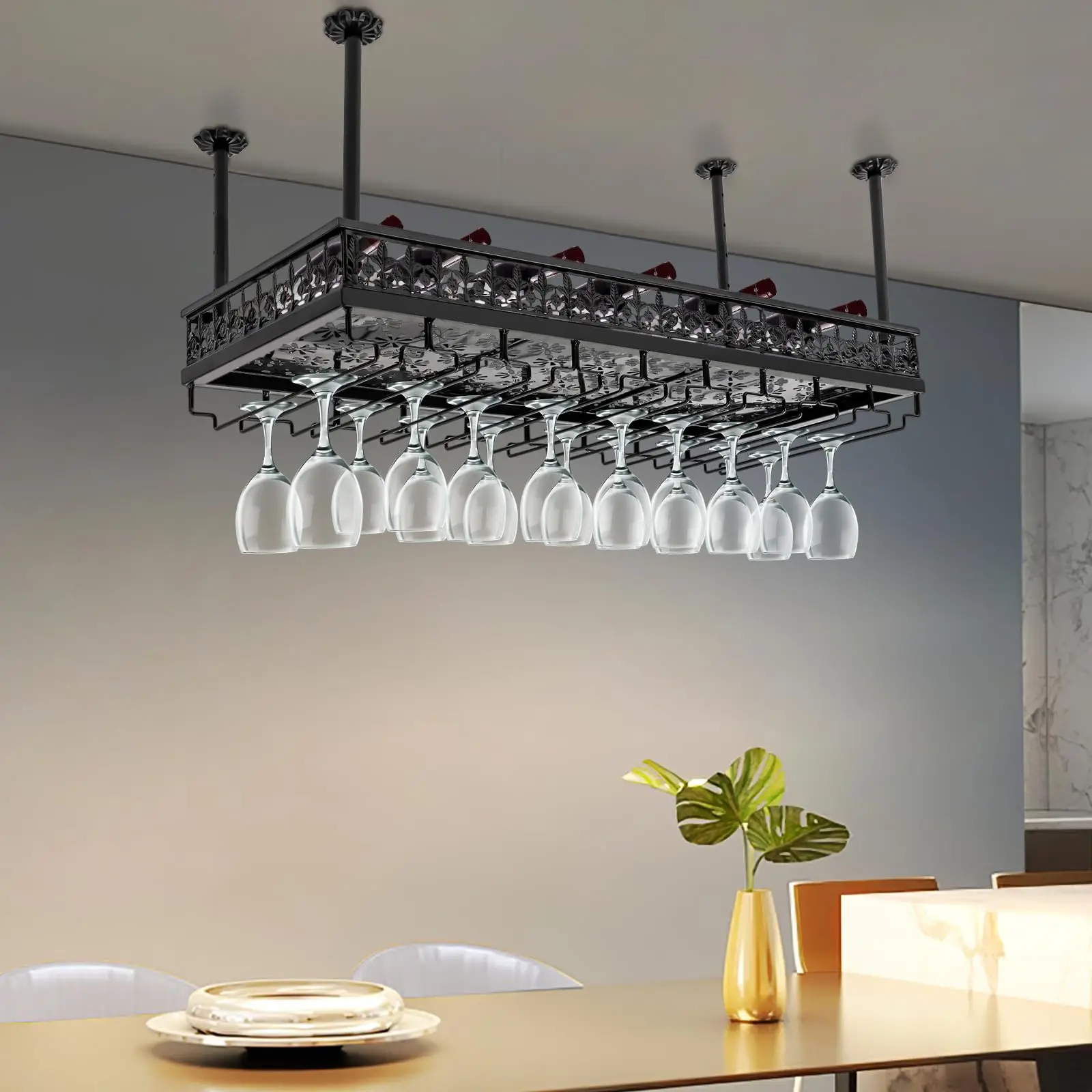 

Hanging Wine Rack with Glass Holder, Ceiling Wine Glass Rack 13.78-21.65 inch Height Adjustable Industrial Hanging Wine Rack Cei