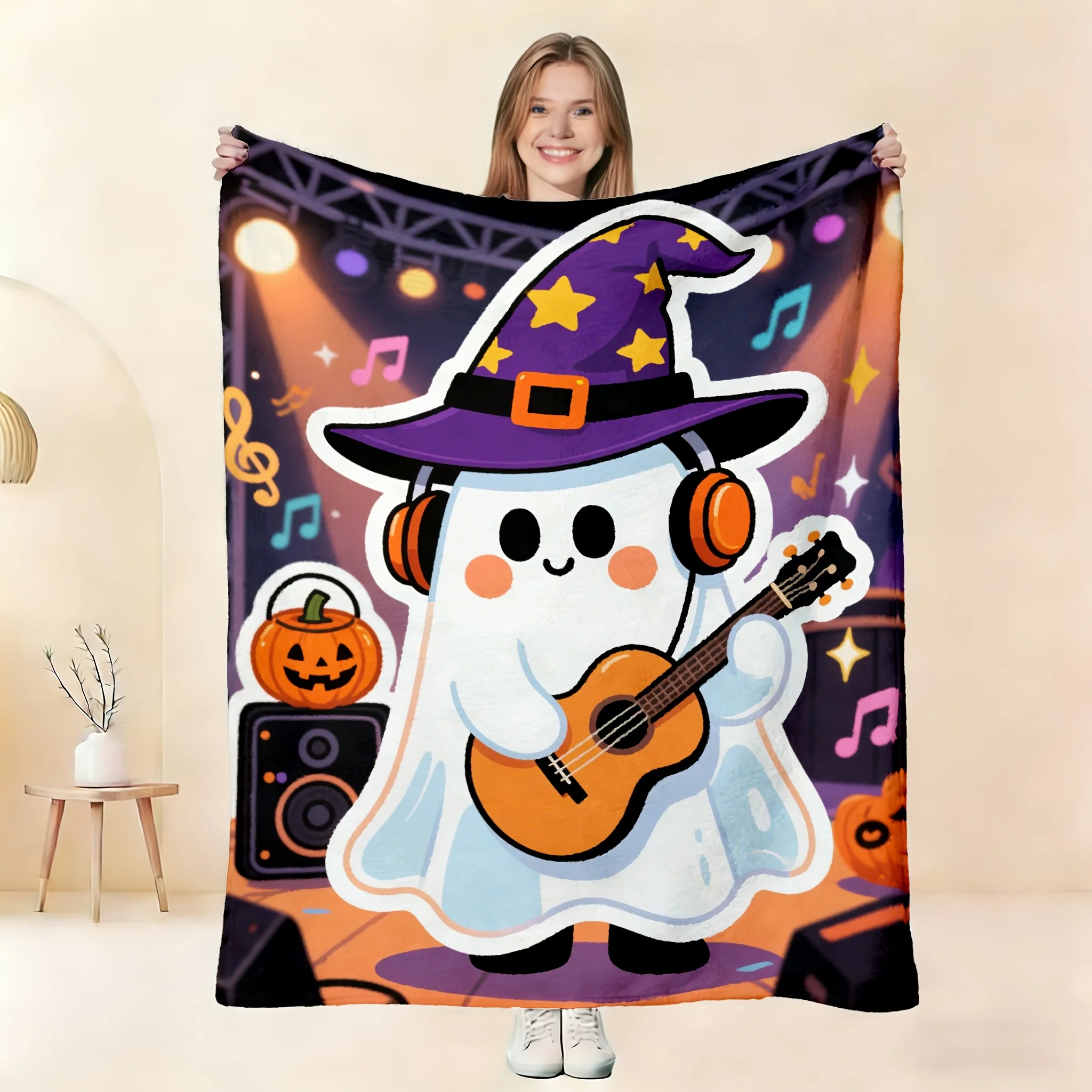 1pc 2D Single-Sided Print Halloween Themed Flannel Throw Blanket, Pumpkin Music Style Casual Blanket, Dormitory Sofa Decorative Warm Blanket, Comfortable and Soft Home Nap Blanket, Trendy Holiday Atmosphere Flannel Blanket, Universal Skin-Friendly