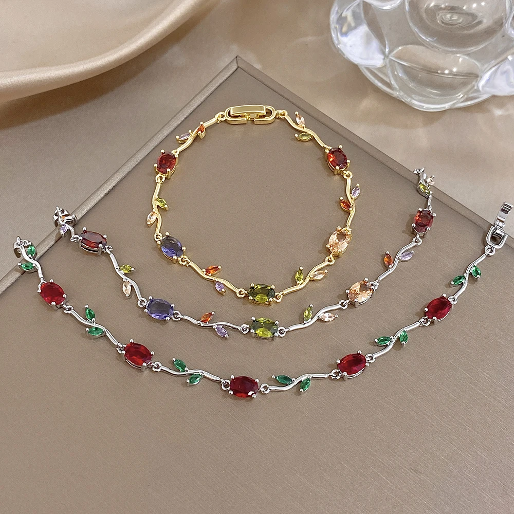 Greatera Zirconium Bracelet Five-color Rose Stamens Multi-color Leaf Petal Women Light Luxury Stainless Steel Fine Chain Bangle
