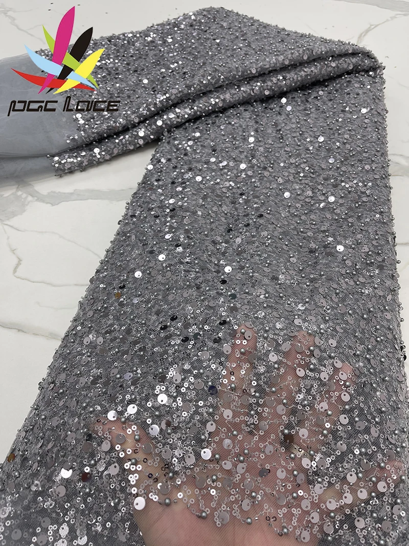 PGC Heavy silver Sequins Lace Fabric With Bead Sequins For Bridal Dress Luxury Evening Dress French Lace 5 yards PGC Heavy silver Sequins Lace Fabric With Bead Sequins For Bridal Dress Luxury Evening Dress French Lace 5 yards