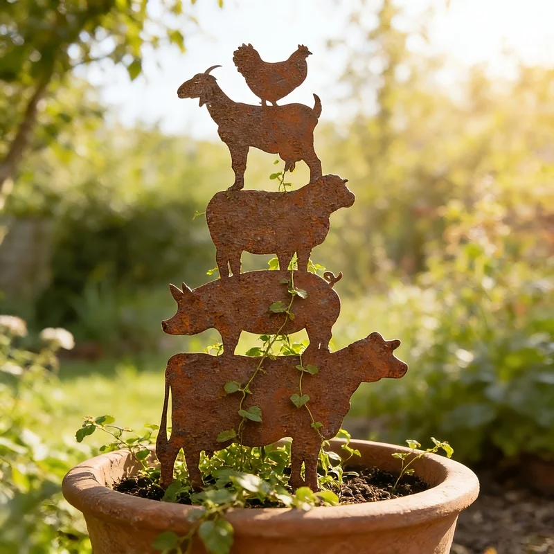 Wrought iron livestock ground stake | Overlapping shapes of cattle, sheep, pigs, and chickensRusty iron farmhouse garden stake