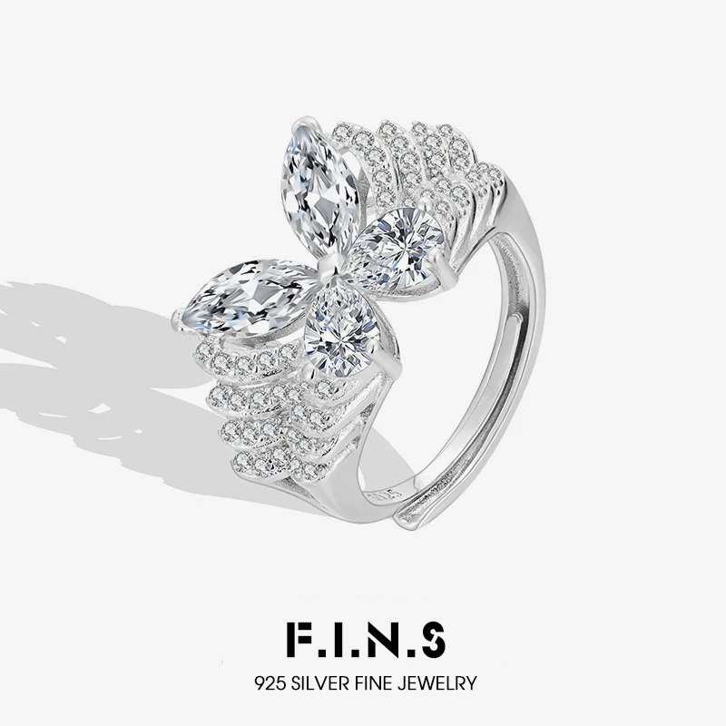 

F.I.N.S Pure S925 Sterling Silver Ring for Women Luxury Sparkling Zircon Butterfly Open Adjustable Finger Fashion Fine Jewelry