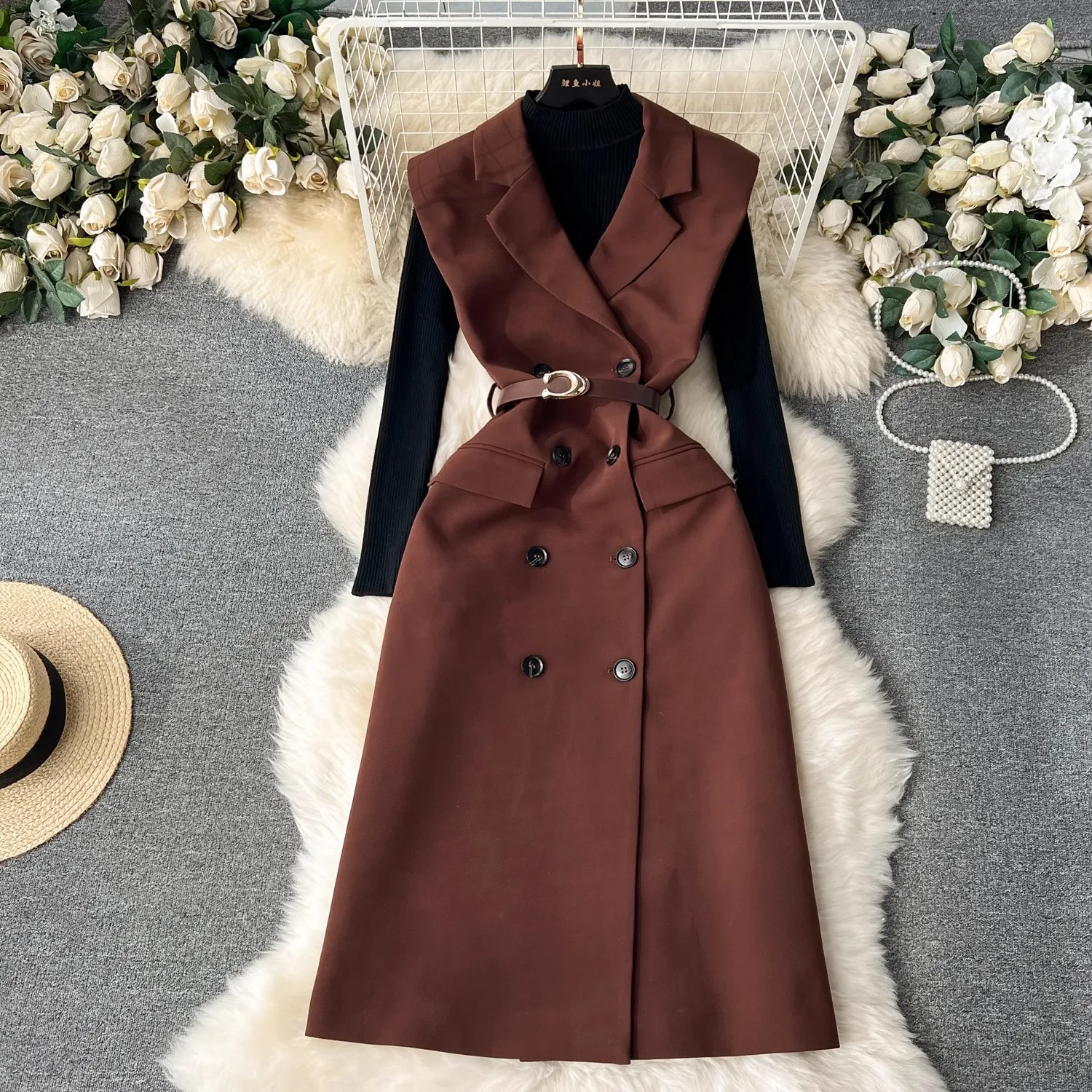 

Spring Autumn Party Bodycon Dress Suit Runway Women Long Sleeve Top Notched Collar Sleeveless Coat Dress Office OL Belt Vestidos