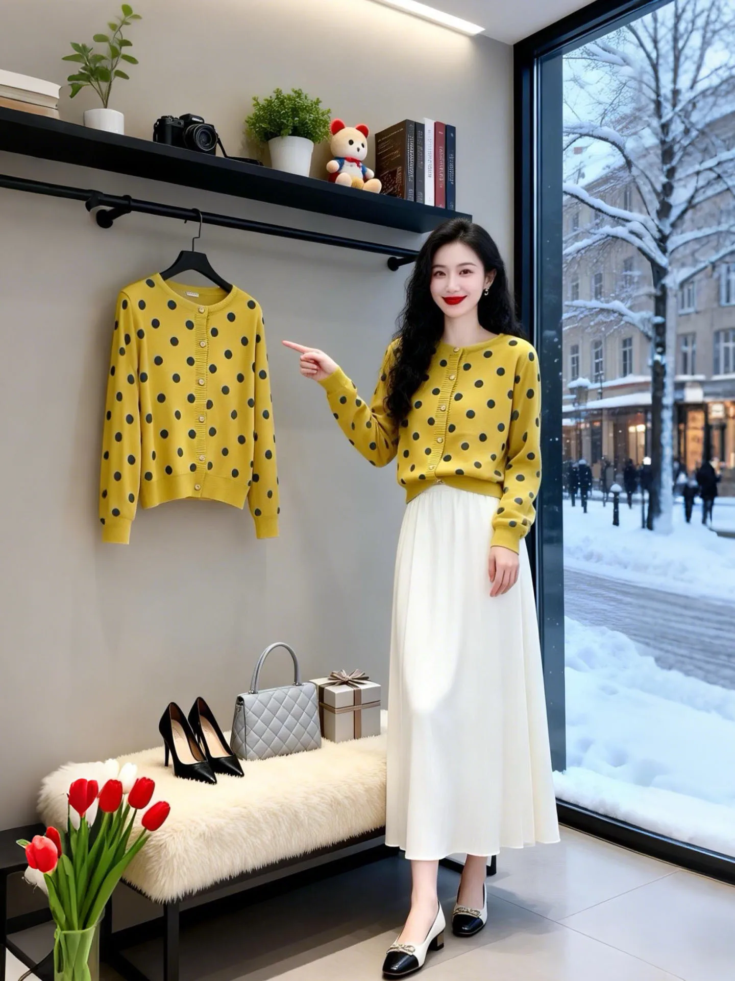 

Yellow Polka Dot Knitted Open Cardigan Women's round Neck Long Sleeve Spring 2026 Fashion Versatile Small Size Top