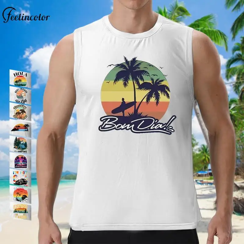 

New Summer Sand Beach Print Tank Tops for Men Coffee Graphic Sleeveless T-Shirts Casual Daily Oversized Vest Harajuku Clothes