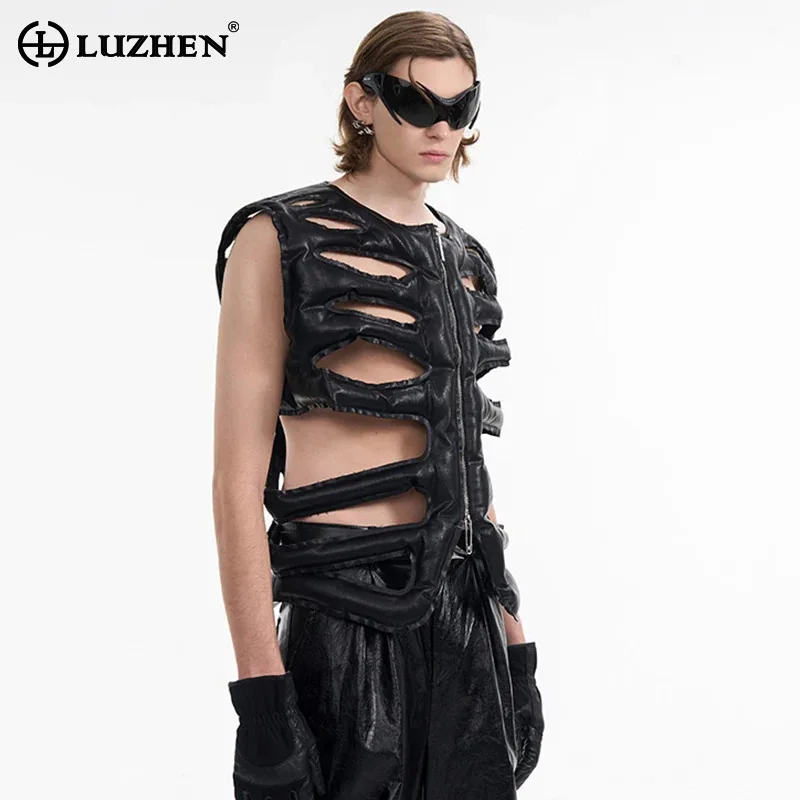 LUZHEN Personalized High Street Hollow Out Design Sleeveless Vest Men's 2024 New Stylish Original Zipper Padded Waistcoat LZ8352