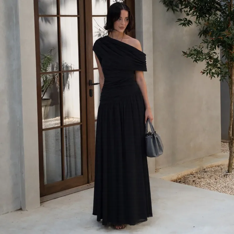 Oblique Neck Asymmetrical Hem Dress Mid Rise Elegant with Off Shoulder Style Ladylike Asymmetric Neckline Spring Dress for Women