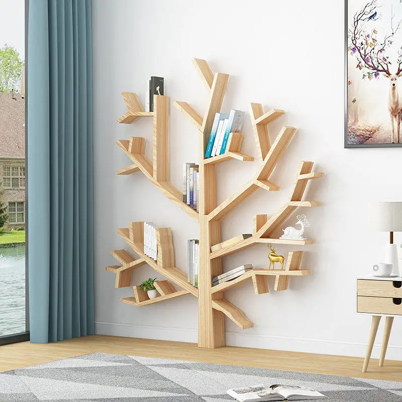 

Solid wood shelves, simple art bookshelves, tree-shaped study full wall decorative shelves, office floor display shelves