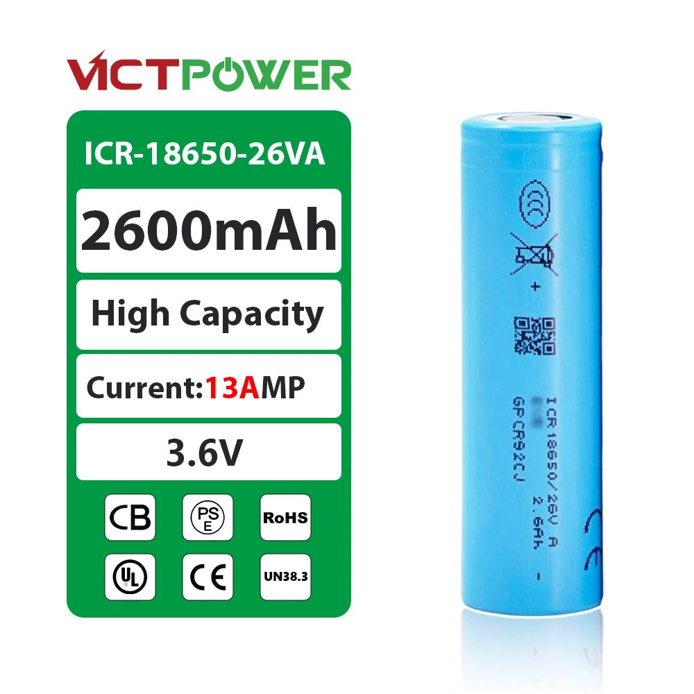 Victpower ICR18650-26VA 2600mAh 5C 3.6V Solid State Battery Cell Rechargeable for Power Tools & Electric Vehicles 6000 CyclesA