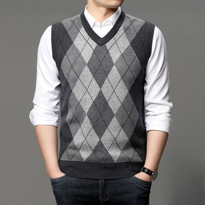 Suéter de punto grueso y cálido con cuello en V para hombre, chaleco sin mangas, prendas de vestir exteriores de otoño e invierno con chalecos básicos de Color sólido de lana para hombre