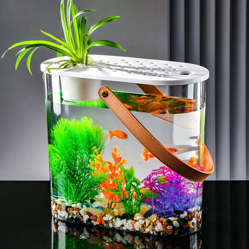 Creative Desktop Goldfish Tank With Green Plants Transparent Small Fishbowl With Cover Oval Aquarium Turtle Hydroponic Fish Tank