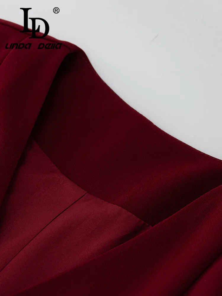 LD LINDA DELLA New Style Fashion Designer Elegant Party Dress Women's Wine red High Waist Button Slim Fit Dress