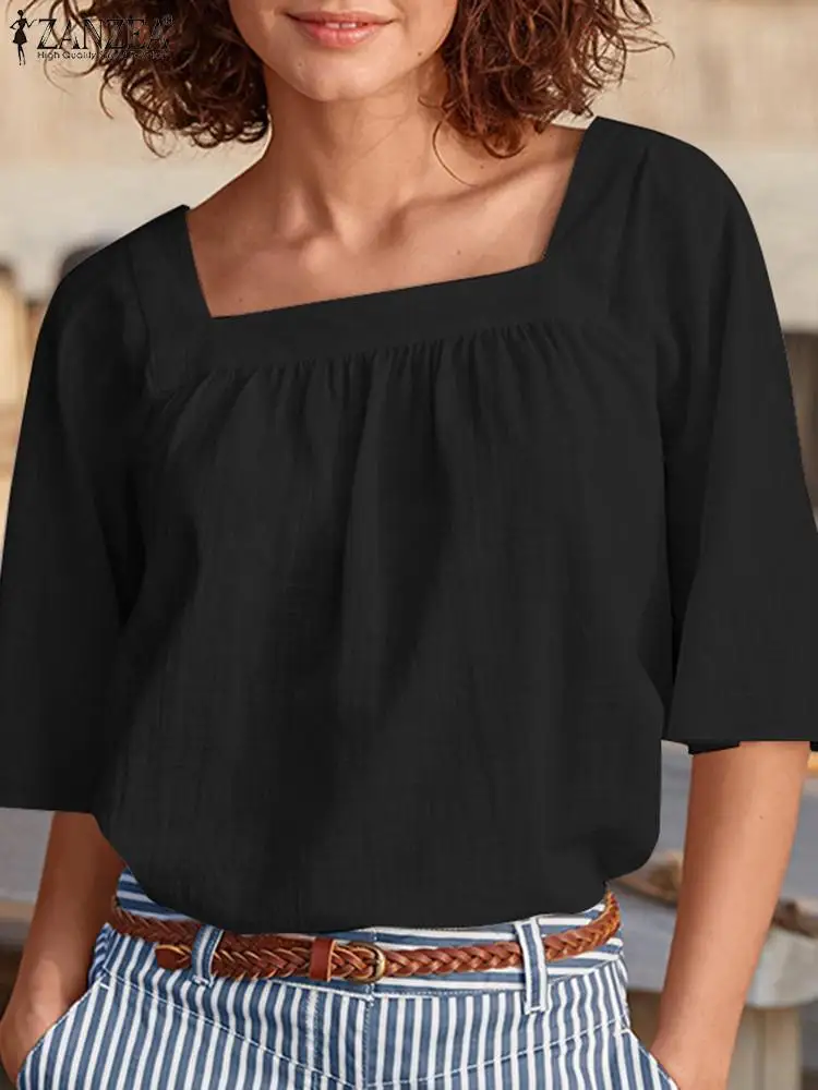 Elegant Women Square Neck Half Sleeve Blouse 2023 ZANZEA Causal Solid Tunic Tops Fashion Summer Holiday Party Work Shirt  Blusas