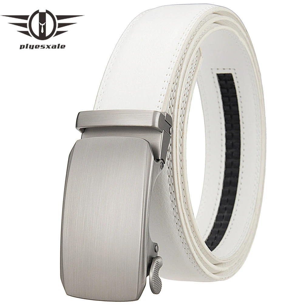 

Plyesxale White Men Leather Belt Automatic Buckle Fashion Alloy Cowskin Belts Luxury Waist Belts For Men Business Designer B1513