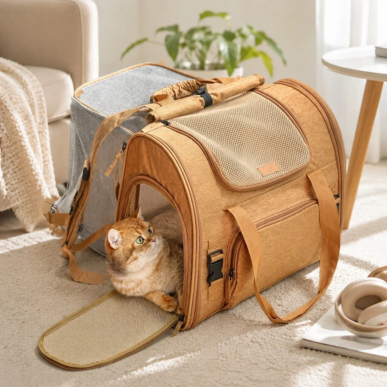 Portable Pet Carrier Backpack Expandable Breathable Mesh Travel Bag For Small Dogs Cats Car Fits Up To 8kg Brown