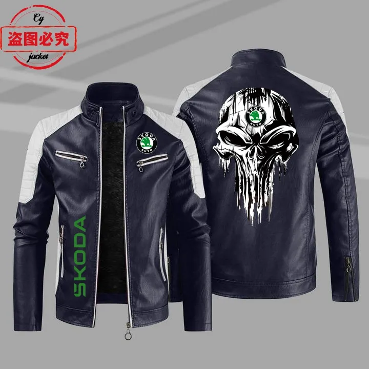 WRC rally Skoda racing car logo pu leather jacket windproof autumn and winter men's skoda car logo jacket