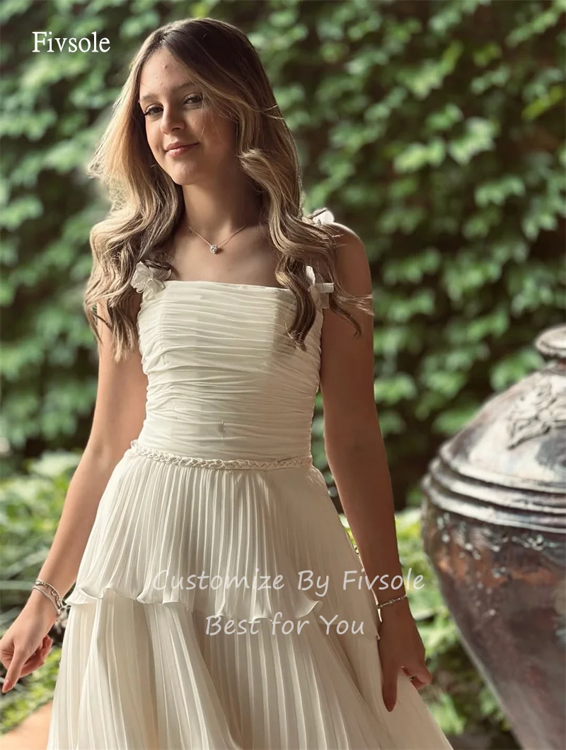 Fivsole Dreamy Spaghetti Strap A Line Wedding Dress Backless Pleated Tiered Bride Gowns Floor Length Wedding Dress Customized