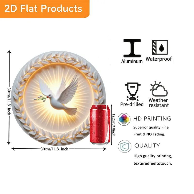 2D Flat - Flat 2D Print, Single Piece, Featuring a Dove with an Olive Branch. Ideal for Outdoor Wall Art, Garden Hangings, Bathr
