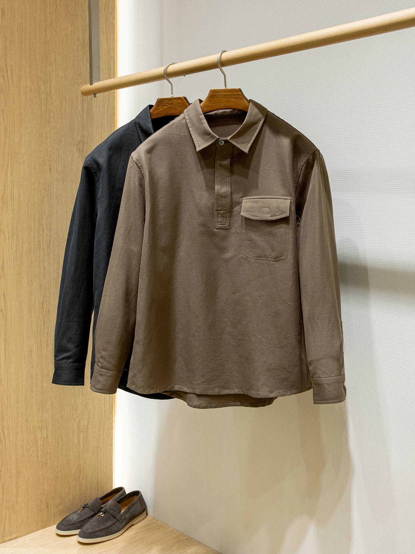 

Linen cotton blend natural pleated, men's lapel half-open pocket long-sleeved shirt