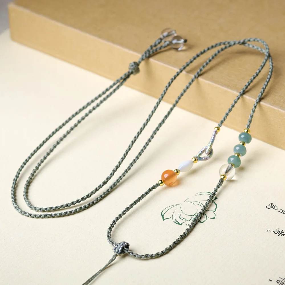 

Handmade Blue Water Jadeite, Southern Red Agate, White Crystal Universal Pendant Rope, New Chinese Style, Versatile