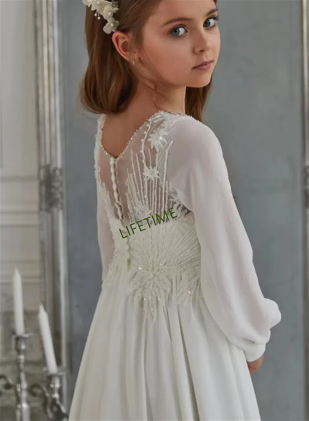 Ivory Lace Flower Girl Birthday Wedding Party Kid Tulle Gown Cute Girl Long Sleeve Communion Dress robe fille enfant