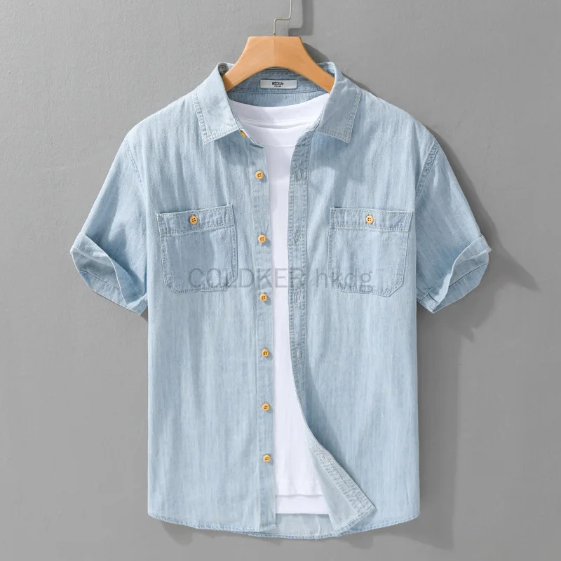 Men's Short Sleeve Button Down Shirts Denim Short Sleeve Shirt Summer Two Pocket Western Thin Soft Work Casual Cotton Shirt