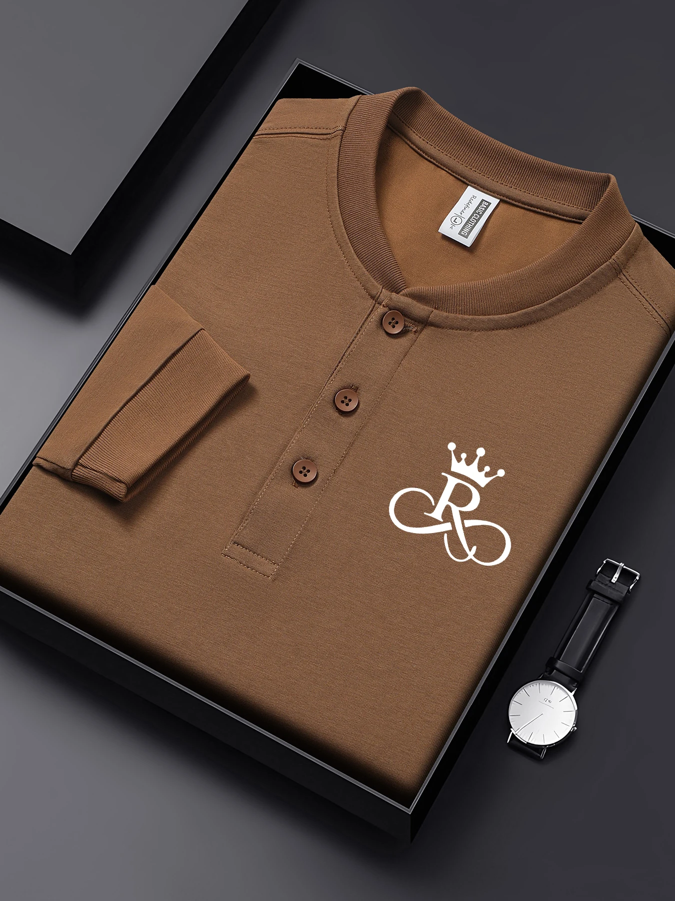 

Crown Letter R Simple Prints Man Henley T Shirt Business Casual Basic Shirts Cotton Fashion Clothing Henry Neck Long Sleeve