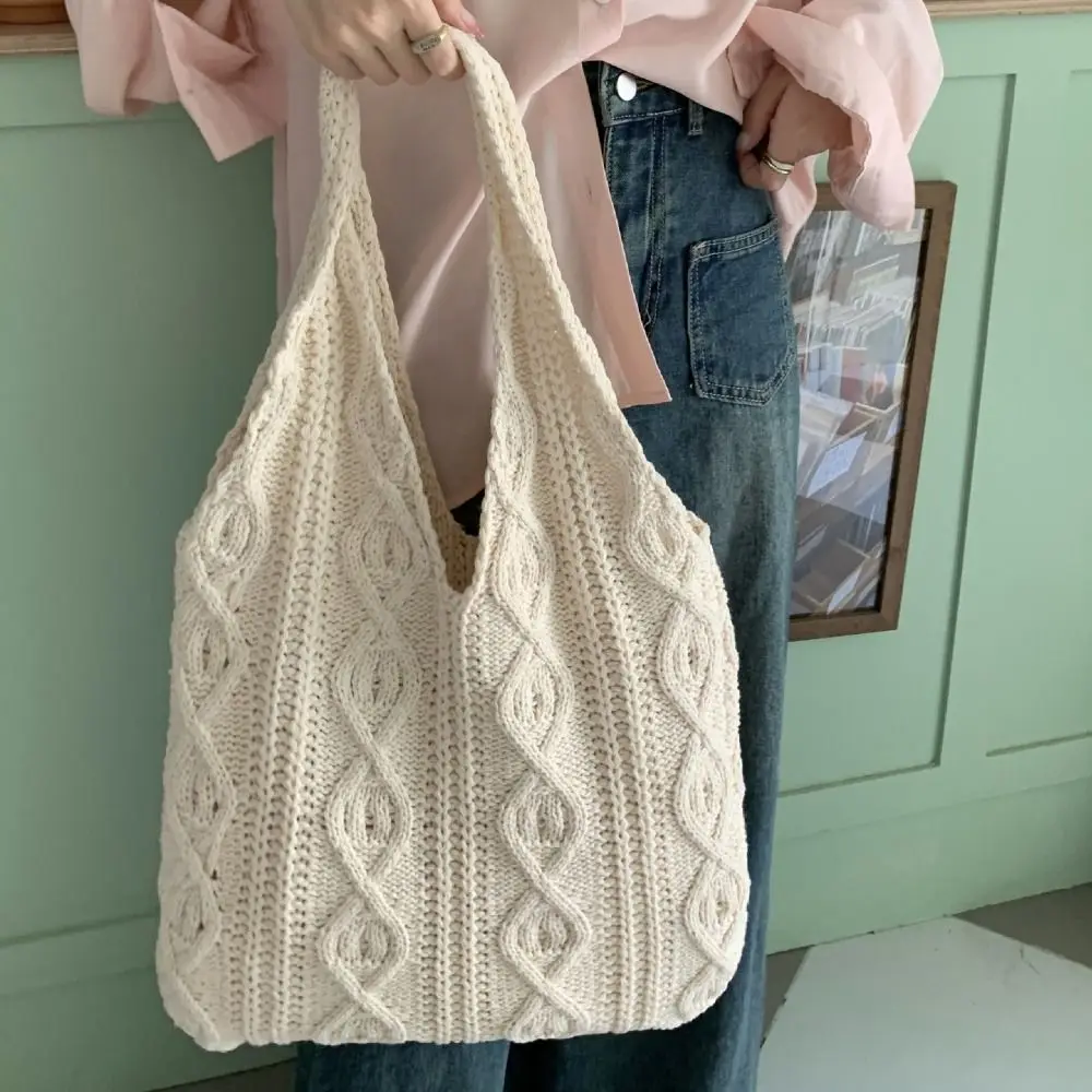 Hollow Women Shoulder Bags Retro Woven Solid Color Crochet Bag Large Capacity Shopping Tote Women Shoulder Bags