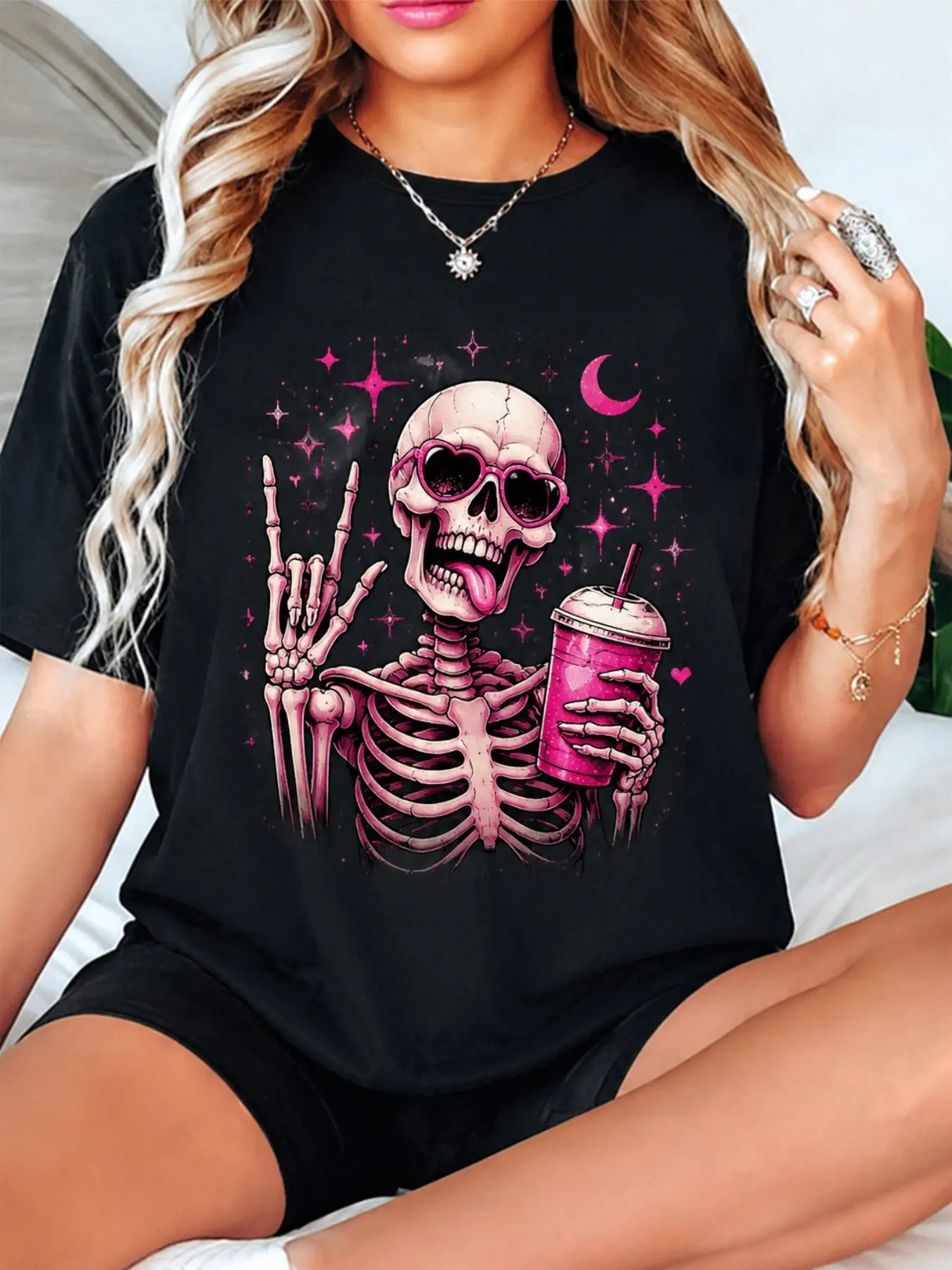 Women's Black Graphic T-Shirt Pink Skeleton Rocker Iced Coffee Casual Print T Shirt Funny Short Sleeve Top Casual Outfit T Shirt
