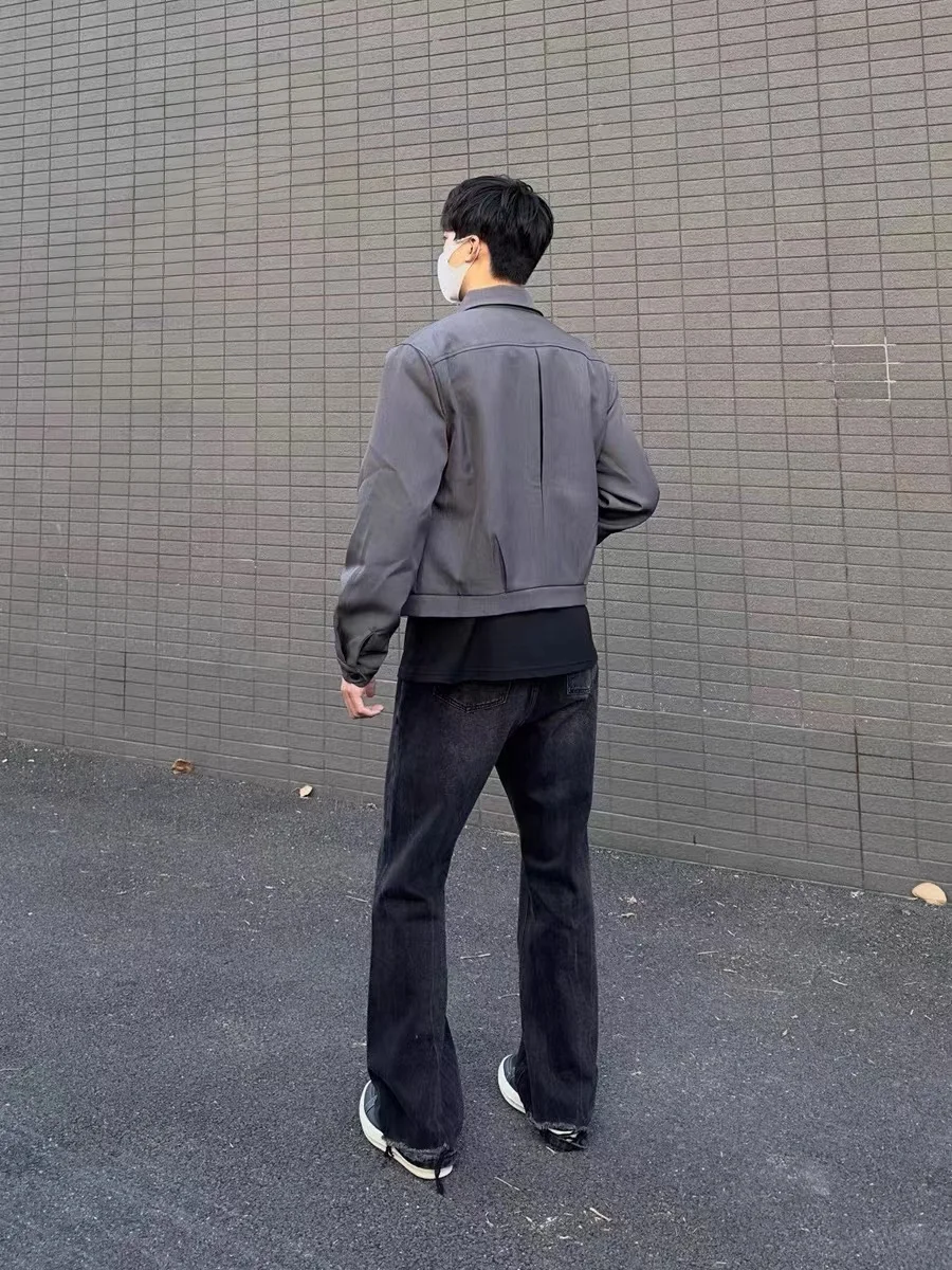 

American Retro Pad oulder Jaet Men's Design Cleanfit Casual Suit ort Outerwear Trendy Youth Long Sve Loose Fit