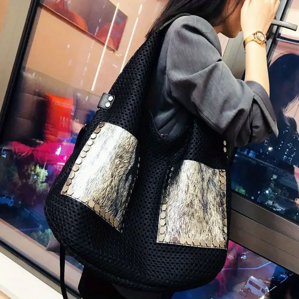 Women's fashionable retro mesh patchwork cowhide tote bag with large capacity single shoulder crossbody carrying bag