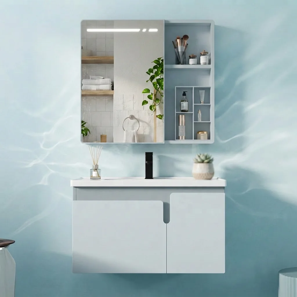 Modern Design Easy Clean Ceramic Wall-Mounted Washbasin Vanity Cabinet Set Lighted Mirror Rectangle 60cm Bathroom Vanities