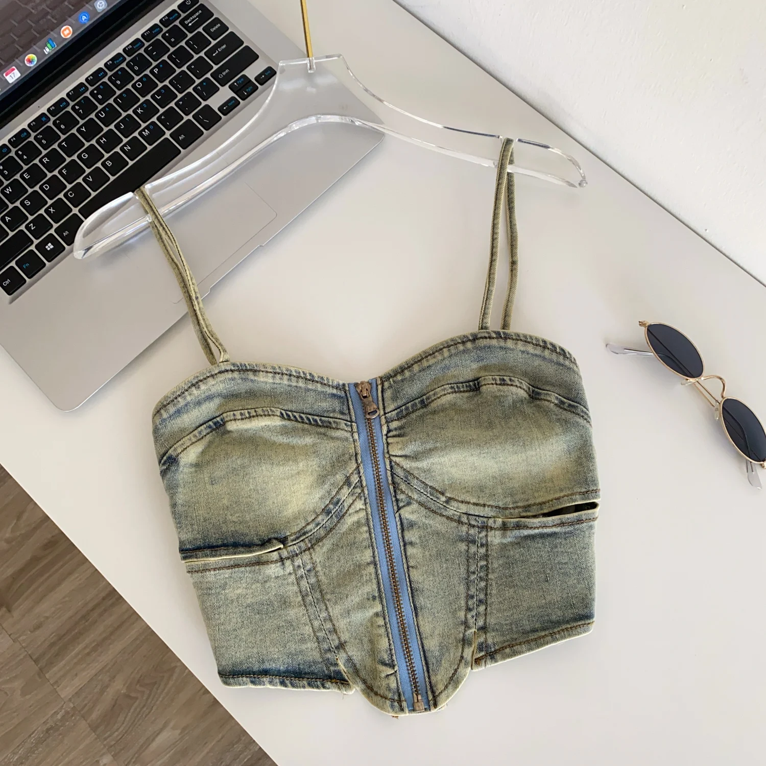 

Chic Vintage zipper slim off shoulder Tank Top Korean Fashion autumn Women Sling Crop Top