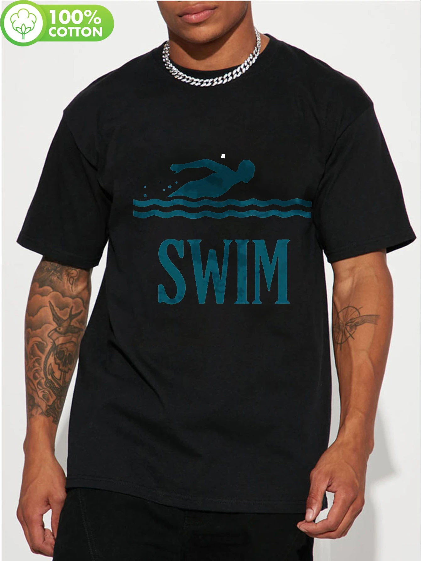 2026 Men'S Quick-Dry Swim T-Shirt with Bold SWIM Lettering & Diver Underwater Print - Breathable Athletic Beach, Pool & Gym Wear