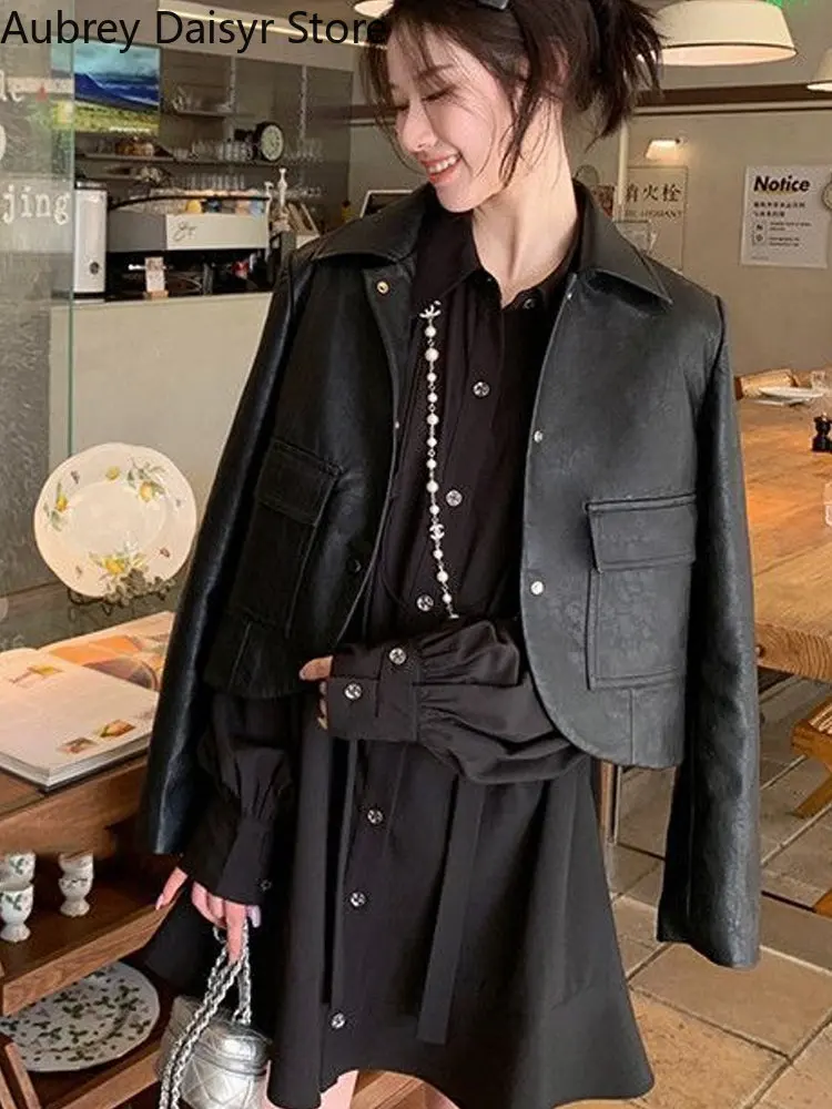 Korean Fashion Black Leather Jacket Women Streetwear Vintage Button Suit Blazers Casual Single Breasted High Street Thin Coat