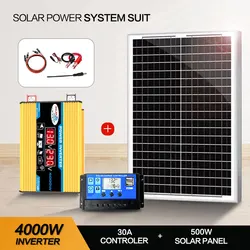 110V/220V 500W Glass Solar Panel System 12V Battery Charging Controller 4000W Solar Inverter Kit Complete For Home/Outdoor Use