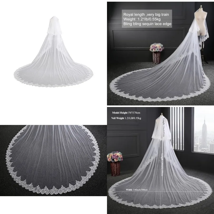 

EllieHouse Women's 2 Tier Royal Length Lace Wedding Bridal Veil With Comb L01