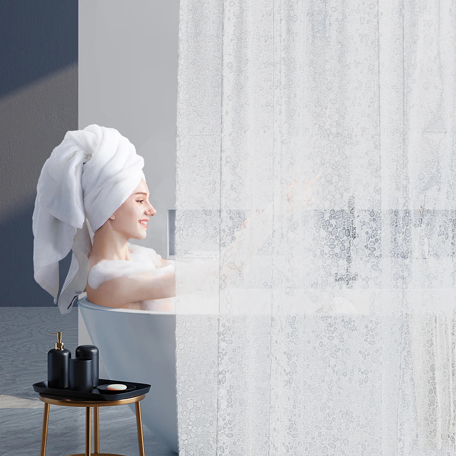 

1Set Pebble Pattern Shower Curtain Waterproof Heavy Duty PVC Bathtub Liner Shower Stall Hooks Included Bathtub Liners