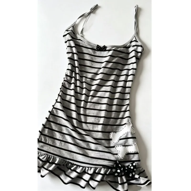 2026 Contrast Color Stripe Slip Dress Y2k Aesthetic Sweet Bow Grunge Vestidos Harajuku Vintage A-line Ruffled Woman Mini Dresses