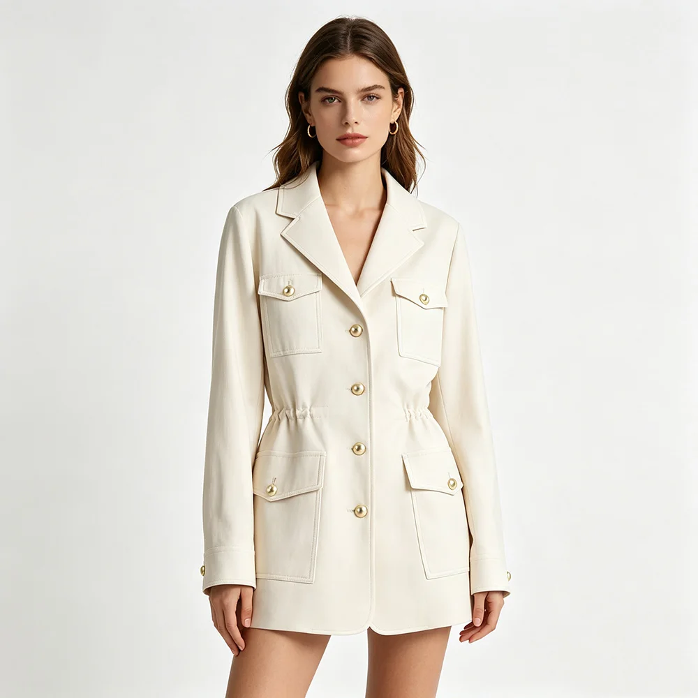New Women Elegant Split Leather Coat Spring Autumn Fashion Suit Collar Single Breasted Drawstring Slim Waist Daily Leather Coat